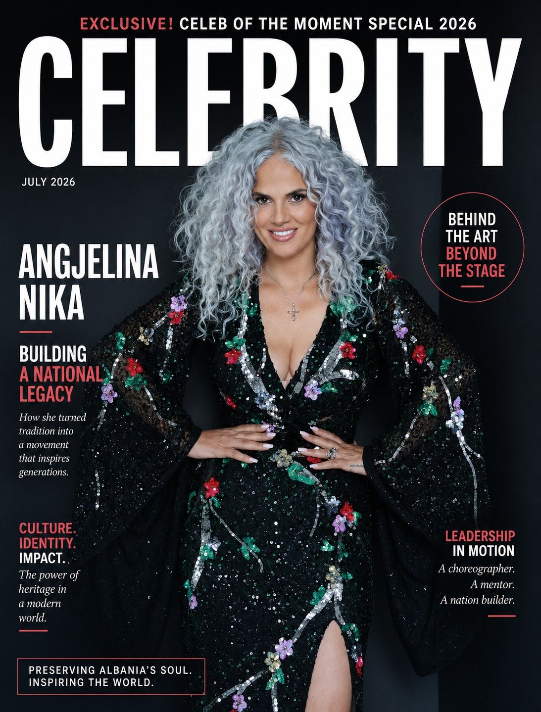 Angjelina Nika Celebrity Cover Magazine July 2026 cover featuring Albanian folk dance choreographer, cultural leader, and Mjeshtër i Madh honoree